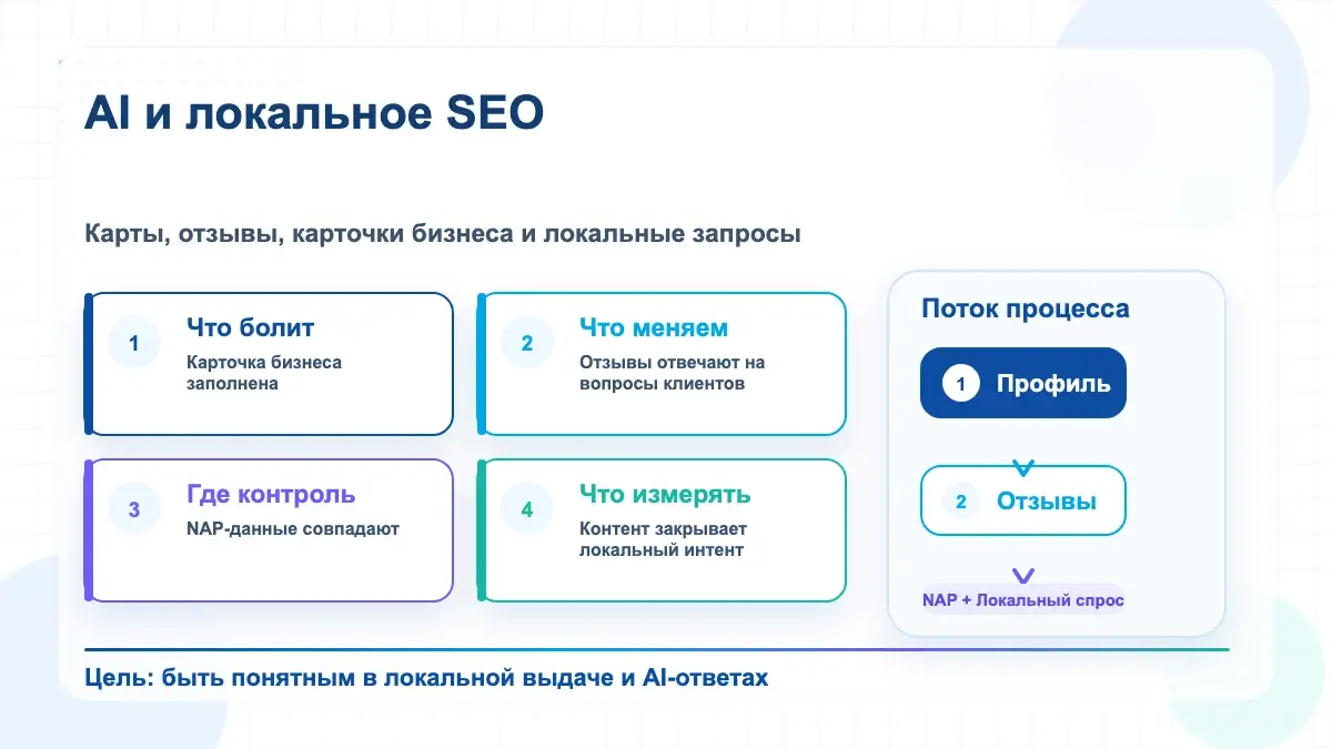 Инфографика локального SEO: профиль бизнеса, отзывы, NAP и локальный спрос